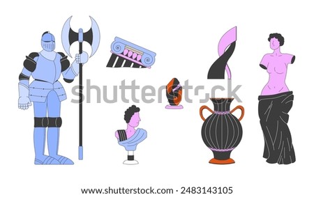 Ancient museum artifacts 2D linear cartoon objects set. Knight armor, mineral, vase, sculptures isolated line vector elements white background. Art exhibition color flat spot illustration collection