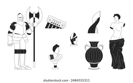 Ancient museum artifacts black and white 2D line cartoon objects set. Knight armor, mineral, vase, sculptures isolated vector outline items collection. Exhibition monochromatic flat spot illustrations