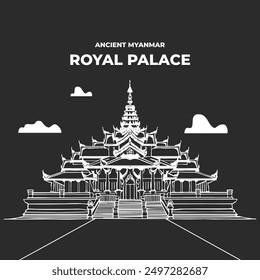 Ancient Myanmar Royal Place, Mandalay, Hand Drawn vector style illustration on black background
