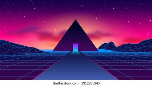 Alte geheimnisvolle Pyramide in der Neonlandschaft im Stil der 80er Jahre mit violettem Himmel und blauen Bergen in Retrowave, dynamischer Grafik im Synthwave-Stil