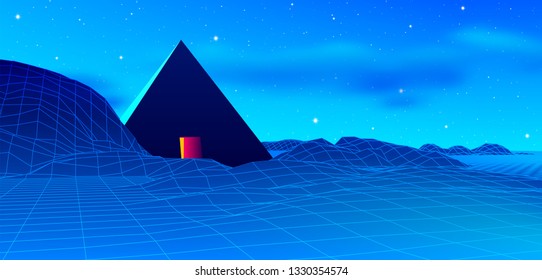 Ancient mysterious pyramid in 80s styled neon landscape with blue sky and mountains in retrowave, synthwave style vibrant graphics