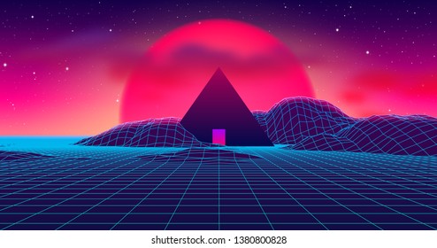 Ancient mysterious pyramid in 80s styled neon landscape with purple sky, rising sun and blue mountains in retrowave or synthwave style vibrant graphics