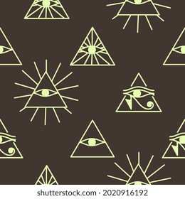 Ancient mystic Egyptian symbol. Isolated editable icon. Conspiracy theory. Egyptian paganism. Hieroglyph. Magic amulets. Masons. Freemasony. Seamless repeatable pattern. High resolution. Vector EPS10.