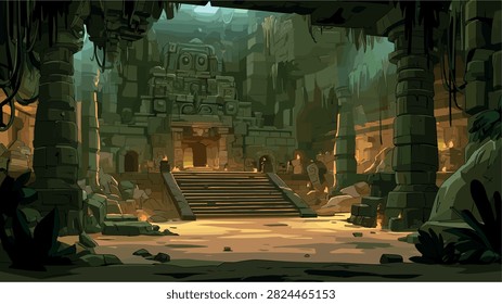 Ancient Mystical Jungle Temple Ruins Vector Illustration