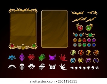ancient myth medieval golden fantasy trading card game tcg template full customizable with elements, animal, class role icon