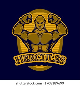 Ancient myth scene. Classical figure Hercules heroic on isolated background done in retro style. Hercules holds hand show his power orange and blue old painting. Myths Of Ancient Greece illustration