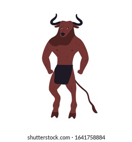 Ancient mythical cartoon creature bull isolated on white background. Colored minotaur character vector flat illustration. Mythology angry animal with horns and tail