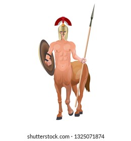 Ancient mythical creature. Centaur warrior with spear and shield. Vector illustration isolated on white background