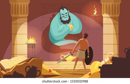 Ancient mythical creatures flat composition with huge green monstrous spirit rising above warrior with sword vector illustration   