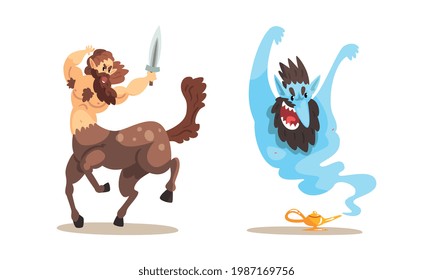 Ancient Mythical Creatures Set, Centaur Warrior with Sword, Gin Coming out of Magic Lamp Cartoon Vector Illustration