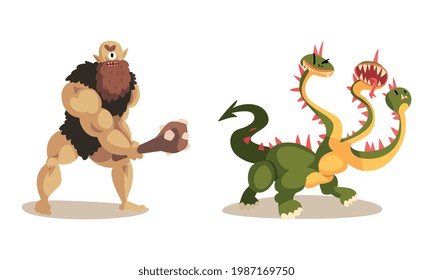 Ancient Mythical Creatures Set, Cyclops Caveman with Cudgel, Three Headed Dragon, Cartoon Vector Illustration