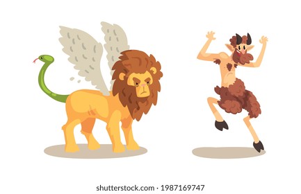 Ancient Mythical Creatures Set, Satyr Faun, Winged Lion Cartoon Characters Vector Illustration