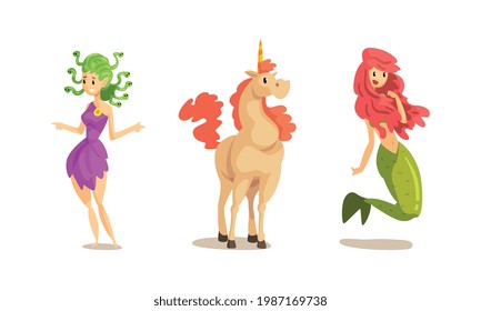 Ancient Mythical Creatures Set, Unicorn, Medusa Gorgon, Mermaid Cartoon Vector Illustration