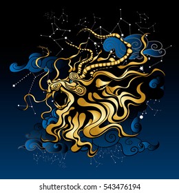 ancient the mythical dragon of Eastern folklore, on the background of beautiful clouds and sky