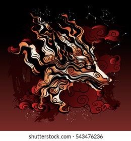 ancient mythical Fox from Eastern folklore, on the background of beautiful clouds and sky