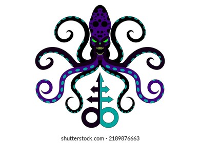 Ancient mythical monster Cthulhu illustration. Octopus icon, logo or print. Vector isolated on white background.