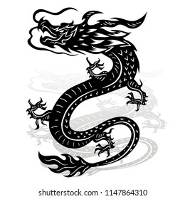 Ancient mythological black dragon, silhouette-tattoo on white background, vector