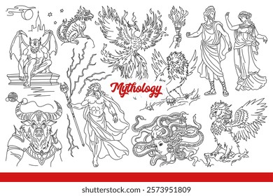 Ancient mythology about characters from ancient greek legends with magical skills. Mythology inscription near Zeus or Gorgon and Phoenix bird with devil sitting on earth. Hand drawn.