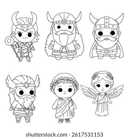Ancient mythology outline cute cartoon doodle hand drawn black and white elements.Line art character isolated set coloring page artwork illustration vector 