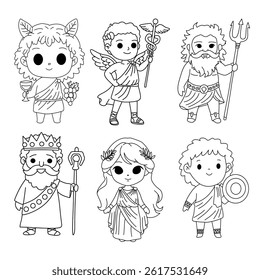 Ancient mythology outline cute cartoon doodle hand drawn black and white elements.Line art character isolated set coloring page artwork illustration vector 