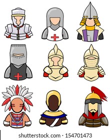 Ancient native American Asian and European warrior such as knight Indian Apache Mongol crusader half-body cartoon model in military soldier uniform icon collection set 2, create by vector