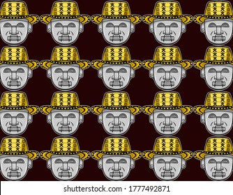 Ancient native colombian pre columbus figure face pattern over a dark violet background. Indigenous concept