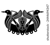 Ancient Near Eastern goddess Astarte with two doves and sistrums. Black and white linear silhouette.