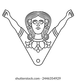 La antigua diosa de Oriente Próximo Astarte con dos brazos en alto. Una mujer antigua. Diseño feminista. Silueta lineal en blanco y negro.