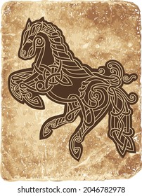 Ancient nordic celtic horse on the old texture. Scandinavian style pattern