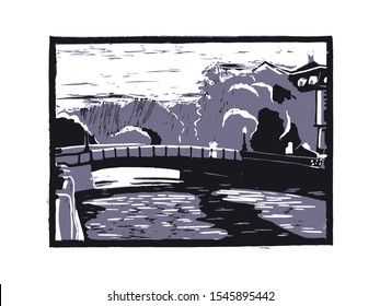 Ancient northern city with canals. Travel sketch. Vintage hand drawn ink postcard template. Vector illustration