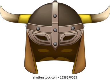 ancient Northern Viking helmet with visor and horns vector illustration isolated on white background in cartoon style