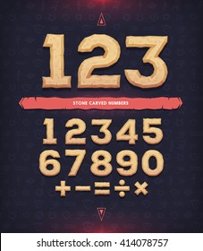 Ancient numerals. Carved digits and mathematical signs. Vector illustration.