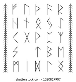 Ancient occult symbols, vikings letters on white, rune font. Vector illustration with light texture. Ancient norse letter.