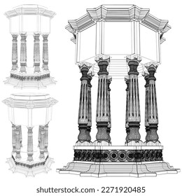 Ancient Octagon Columns Temple Construction Structure Vector 01. Illustration Isolated On White Background. A Vector Illustration Of Octagon Temple.