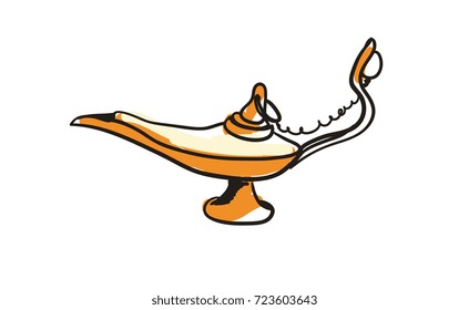 Ancient oil lamp hand drawn icon isolated on white background vector illustration. Eastern ethnic culture element, traditional symbol.