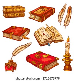 Ancient old books and poetry literature feathers, vector sketch icons. Vintage books with Medieval red ornate covers and bookmarks, fairy tale or novel book, poet quill pen in inkwell and candle