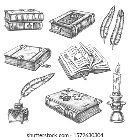 Ancient old books, vector pencil sketch icons. Vintage literature and poetry books with Medieval ornate covers and diary bookmarks, writer stationery ink quill feather pen in inkwell and candle