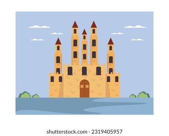 Ancient old building tower western castle medieval village with brick walls like a fairy tale with queens.Cartoon flat illustration