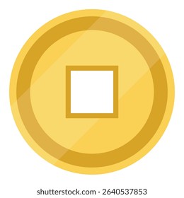 Ancient old gold Chinese coin with square hole isolated on white background. Chinese New Year. Lucky coin China. Vector illustration