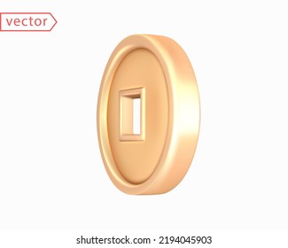 Ancient old gold coin of China with a square hole turned. Realistic 3D mocap design element. The object is isolated on a white background. Vector Icon