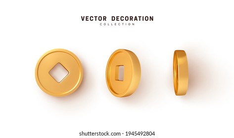 Ancient Old Gold Coins Of China, With Square Hole. Realistic 3d Design. Vector Illustration