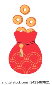 Ancient old gold traditional Chinese coin with a square hole. Yuan Coins in the red money bag. Decoration elements for Chinese New Year. Symbol of wealth and prosperity.
