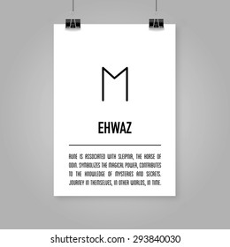 Ancient Old Norse rune (Futhark) Ehwaz, stock vector. Means and how to use in magic scripts. Scandinavian and germanic letter. On A4 white portrait mock up background.