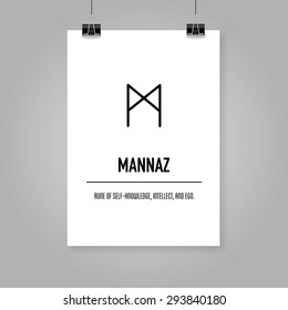 Ancient Old Norse rune (Futhark) Manaz, stock vector. Means and how to use in magic scripts. Scandinavian and germanic letter. On A4 white portrait mock up background.