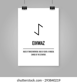 Ancient Old Norse rune (Futhark) Einwaz, stock vector. Means and how to use in magic scripts. Scandinavian and germanic letter. On A4 white portrait mock up background.