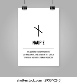 Ancient Old Norse rune (Futhark) Naupiz, stock vector. Means and how to use in magic scripts. Scandinavian and germanic letter. On A4 white portrait mock up background.