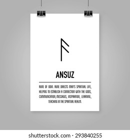 Ancient Old Norse rune (Futhark) Ansuz, stock vector. Means and how to use in magic scripts. Scandinavian and germanic letter. On A4 white portrait mock up background.