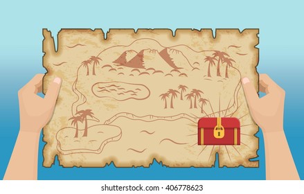Ancient old pirate treasure map pattern with hands, island map on brown old paper and ancient treasure chest with gold and riches.