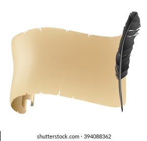 Ancient and old scroll and black feather background on white. vector illustration