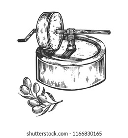 Ancient olive oil press engraving vector illustration. Scratch board style imitation. Black and white hand drawn image.